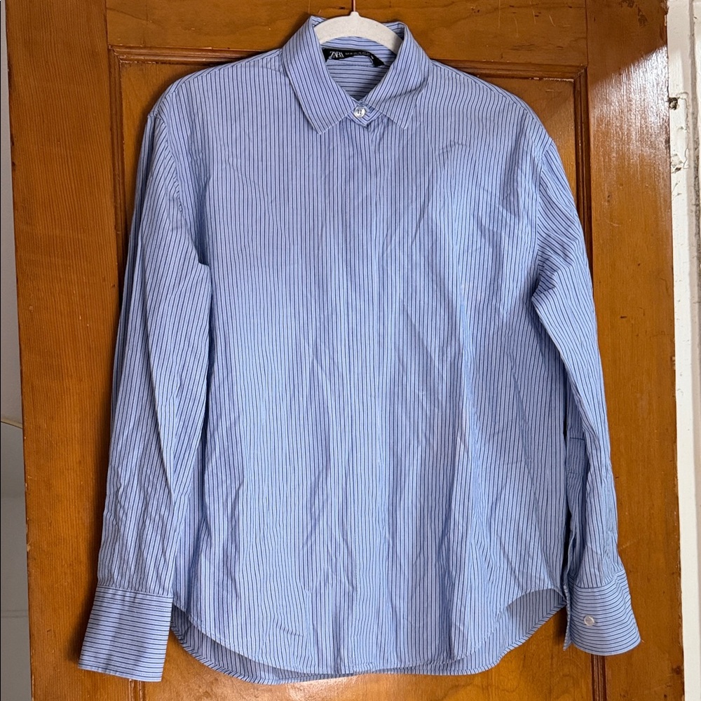 Zara Womens  Light Blue Pinstripe Dress Shirt